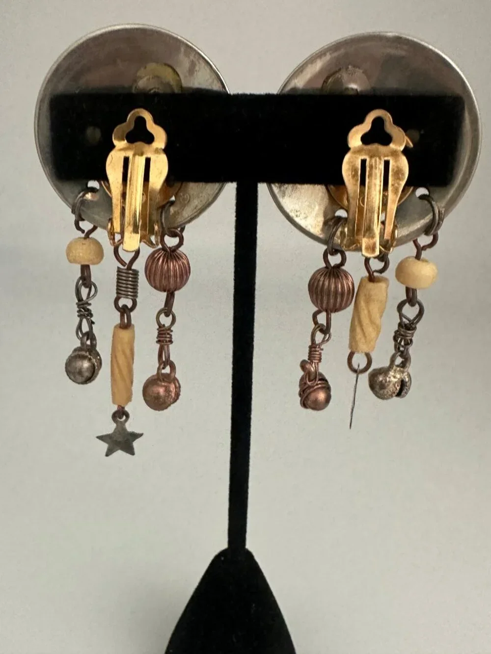 Vintage Artisan Copper Mixed Metal Asymmetrical Clip On Earrings 2.5
